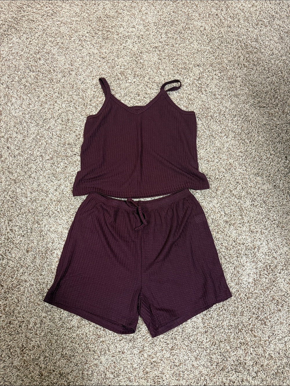 SHEIN Burgundy Waffle Knit Cami & Shorts Loungewear Set